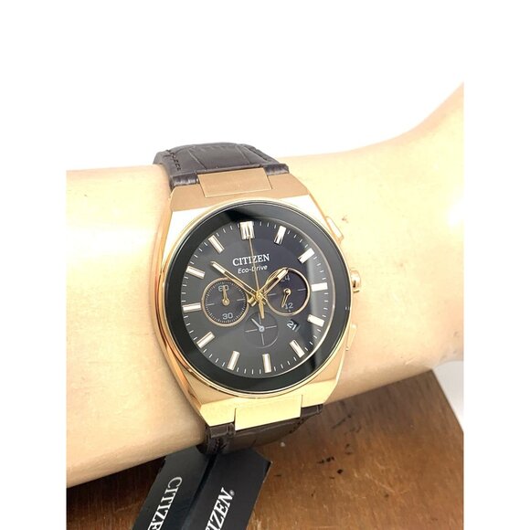 Citizen Mens Watch CA4583-01E Eco Drive Chronograph Rose Gold Brown Leather Band - Picture 12 of 15
